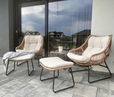 Technorattanowe meble na taras w stylu boho - 2 fotele z podnóżkami - Torgiano Duo - Brown