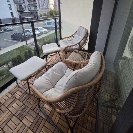 Technorattanowe meble na taras w stylu boho - 2 fotele z podnóżkami - Torgiano Duo - Brown