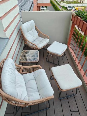 Technorattanowe meble na taras w stylu boho - 2 fotele z podnóżkami - Torgiano Duo - Brown