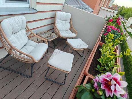 Technorattanowe meble na taras w stylu boho - 2 fotele z podnóżkami - Torgiano Duo - Brown