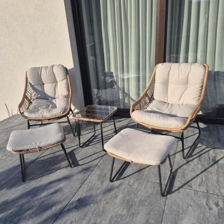 Technorattanowe meble na taras w stylu boho - 2 fotele z podnóżkami - Torgiano Duo - Brown