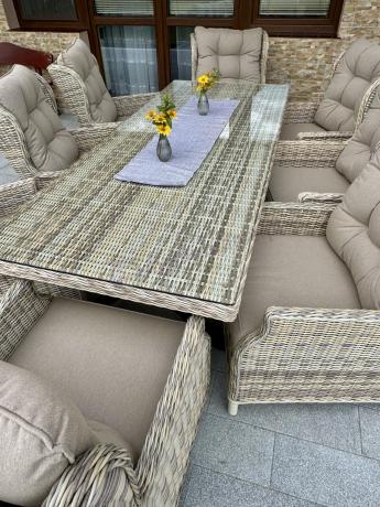 Technorattanowe meble obiadowe - stół z nogą X + 8 foteli - Laritto Beige