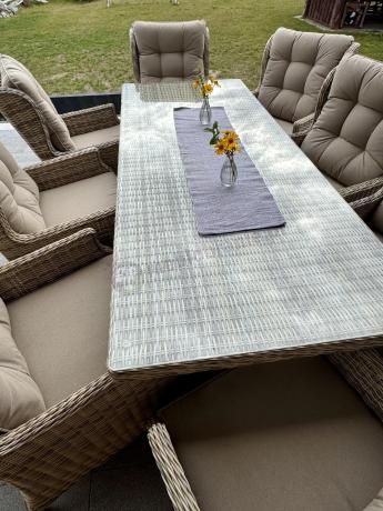 Technorattanowe meble obiadowe - stół z nogą X + 8 foteli - Laritto Beige