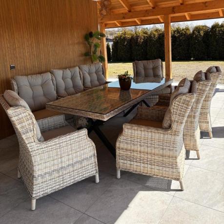 Technorattanowe meble obiadowe - stół z nogą X + 8 foteli - Laritto Beige