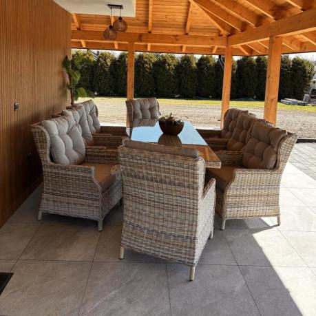 Technorattanowe meble obiadowe - stół z nogą X + 8 foteli - Laritto Beige