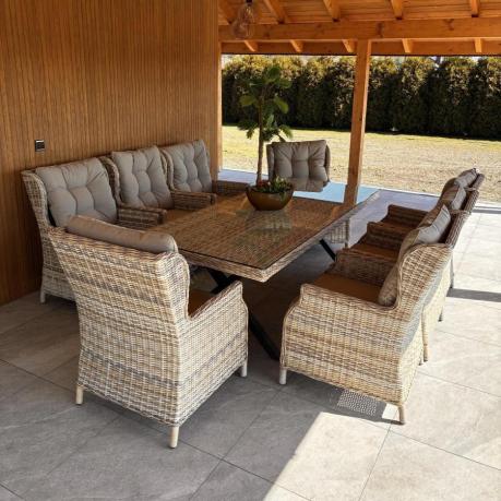 Technorattanowe meble obiadowe - stół z nogą X + 8 foteli - Laritto Beige
