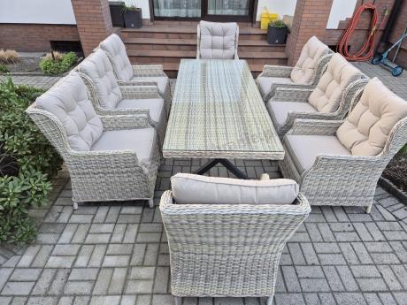 Technorattanowe meble obiadowe - stół z nogą X + 8 foteli - Laritto Beige