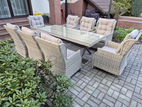Technorattanowe meble obiadowe - stół z nogą X + 8 foteli - Laritto Beige