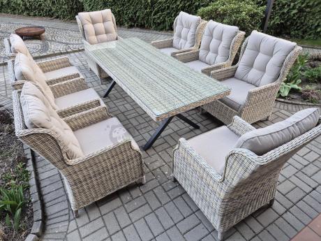 Technorattanowe meble obiadowe - stół z nogą X + 8 foteli - Laritto Beige