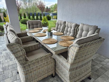 Technorattanowe meble obiadowe - stół z nogą X + 8 foteli - Laritto Beige