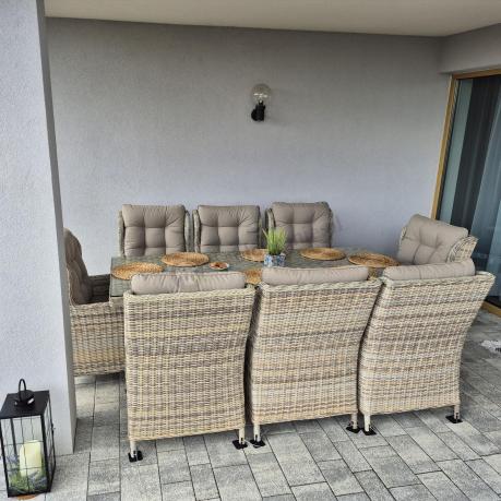 Technorattanowe meble obiadowe - stół z nogą X + 8 foteli - Laritto Beige