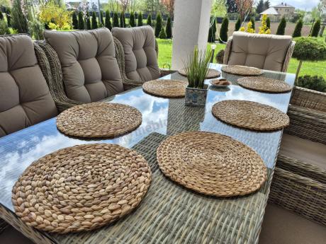 Technorattanowe meble obiadowe - stół z nogą X + 8 foteli - Laritto Beige