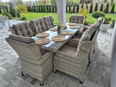 Technorattanowe meble obiadowe - stół z nogą X + 8 foteli - Laritto Beige