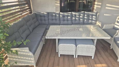 Technorattanowe meble ogrodowe - duży narożnik ze stołem 180cm - Laritto Corner XL - Creme