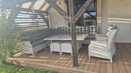 Technorattanowe meble ogrodowe - duży narożnik ze stołem 180cm - Laritto Corner XL - Creme