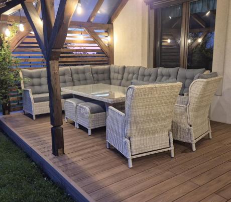 Technorattanowe meble ogrodowe - duży narożnik ze stołem 180cm - Laritto Corner XL - Creme