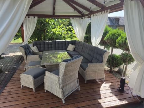 Technorattanowe meble ogrodowe - duży narożnik ze stołem 180cm - Laritto Corner XL - Creme