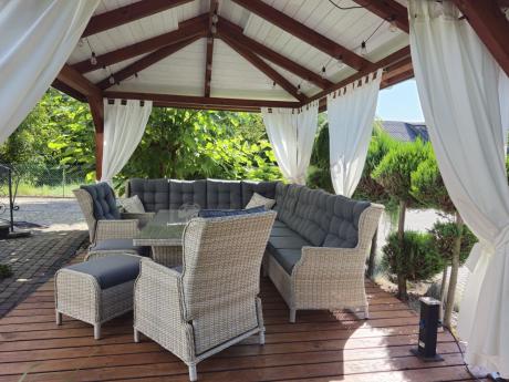 Technorattanowe meble ogrodowe - duży narożnik ze stołem 180cm - Laritto Corner XL - Creme