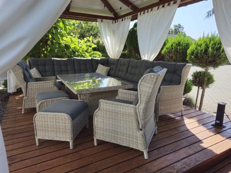 Technorattanowe meble ogrodowe - duży narożnik ze stołem 180cm - Laritto Corner XL - Creme