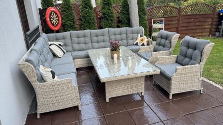 Technorattanowe meble ogrodowe - duży narożnik ze stołem 180cm - Laritto Corner XL - Creme