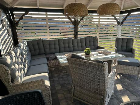 Technorattanowe meble ogrodowe - duży narożnik ze stołem 180cm - Laritto Corner XL - Creme