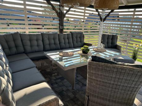 Technorattanowe meble ogrodowe - duży narożnik ze stołem 180cm - Laritto Corner XL - Creme