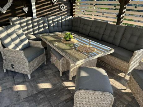 Technorattanowe meble ogrodowe - duży narożnik ze stołem 180cm - Laritto Corner XL - Creme