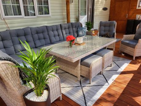 Technorattanowe meble ogrodowe - duży narożnik ze stołem 180cm - Laritto Corner XL - Creme