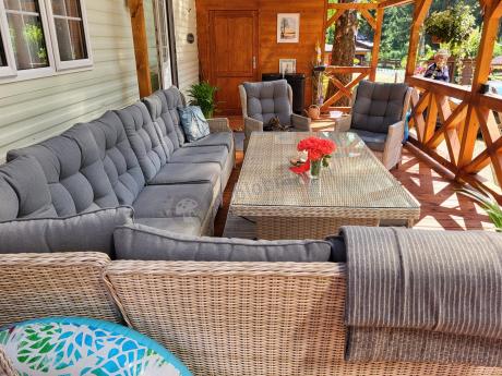 Technorattanowe meble ogrodowe - duży narożnik ze stołem 180cm - Laritto Corner XL - Creme