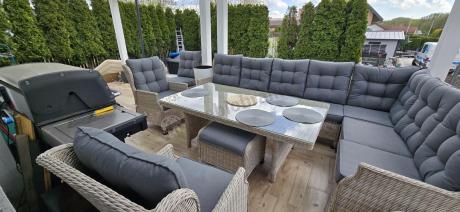 Technorattanowe meble ogrodowe - duży narożnik ze stołem 180cm - Laritto Corner XL - Creme