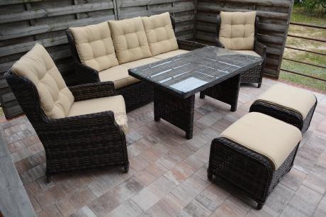 Technorattanowy komplet mebli ogrodowych z sofą, 2 fotelami i 2 pufami - Fiorento Brown