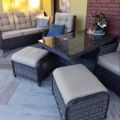 Technorattanowy komplet mebli ogrodowych z sofą, 2 fotelami i 2 pufami - Fiorento Brown