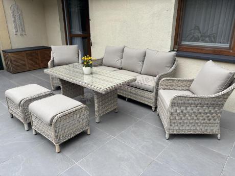 Technorattanowy komplet mebli z sofą 180cm, fotelami, pufami i wysokim stołem Novici Dining Beige