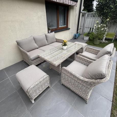 Technorattanowy komplet mebli z sofą 180cm, fotelami, pufami i wysokim stołem Novici Dining Beige