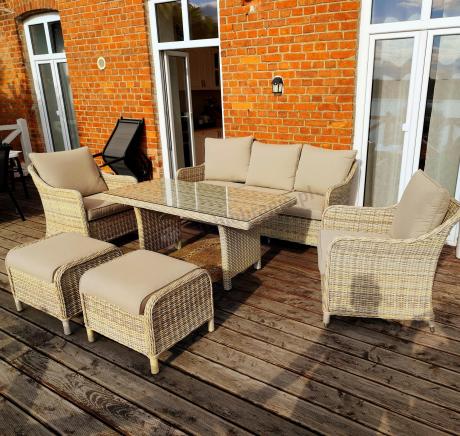 Technorattanowy komplet mebli z sofą 180cm, fotelami, pufami i wysokim stołem Novici Dining Beige