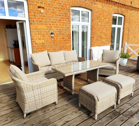 Technorattanowy komplet mebli z sofą 180cm, fotelami, pufami i wysokim stołem Novici Dining Beige