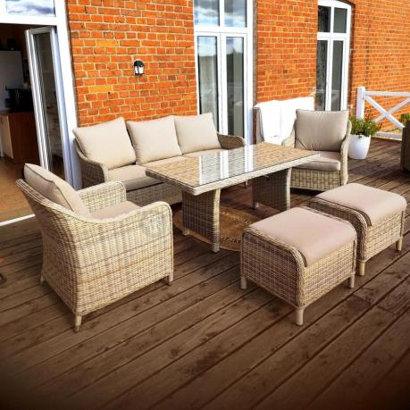 Technorattanowy komplet mebli z sofą 180cm, fotelami, pufami i wysokim stołem Novici Dining Beige