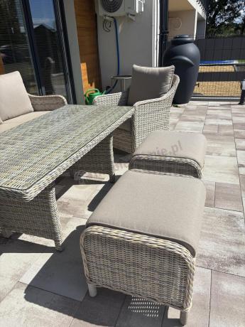 Technorattanowy komplet mebli z sofą 180cm, fotelami, pufami i wysokim stołem Novici Dining Beige