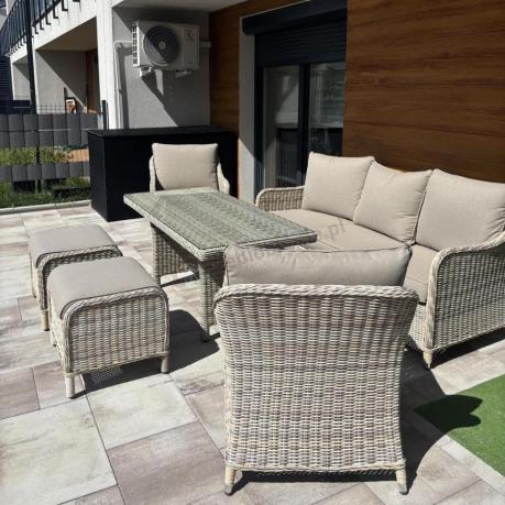 Technorattanowy komplet mebli z sofą 180cm, fotelami, pufami i wysokim stołem Novici Dining Beige