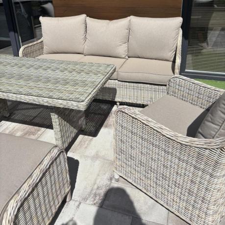 Technorattanowy komplet mebli z sofą 180cm, fotelami, pufami i wysokim stołem Novici Dining Beige