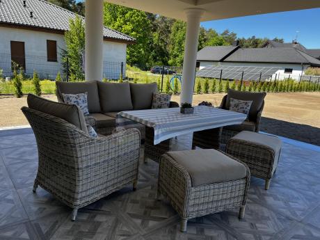 Technorattanowy komplet mebli z sofą 180cm, fotelami, pufami i wysokim stołem Novici Dining Beige