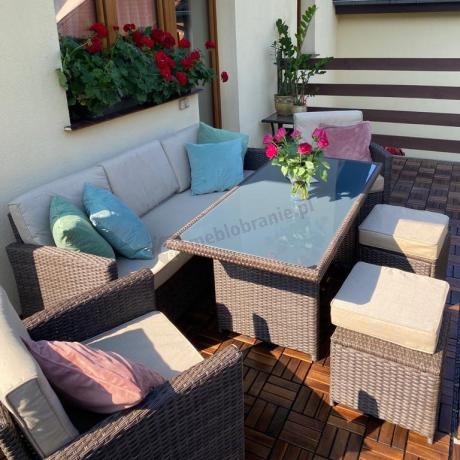 Technorattanowy komplet mebli z wysokim stołem, sofą 186cm, fotelami i pufami Cofete Dining – Brown