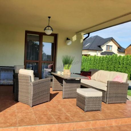 Technorattanowy komplet mebli z wysokim stołem, sofą 186cm, fotelami i pufami Cofete Dining – Brown