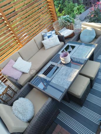 Technorattanowy komplet mebli z wysokim stołem, sofą 186cm, fotelami i pufami Cofete Dining – Brown