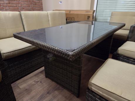 Technorattanowy komplet mebli z wysokim stołem, sofą 186cm, fotelami i pufami Cofete Dining – Brown