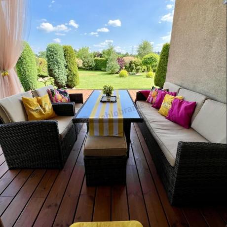 Technorattanowy komplet mebli z wysokim stołem, sofą 186cm, fotelami i pufami Cofete Dining – Brown