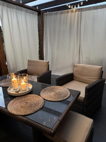 Technorattanowy komplet mebli z wysokim stołem, sofą 186cm, fotelami i pufami Cofete Dining – Brown