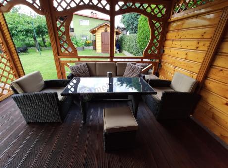 Technorattanowy komplet mebli z wysokim stołem, sofą 186cm, fotelami i pufami Cofete Dining – Brown