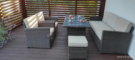 Technorattanowy komplet mebli z wysokim stołem, sofą 186cm, fotelami i pufami Cofete Dining – Brown