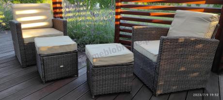 Technorattanowy komplet mebli z wysokim stołem, sofą 186cm, fotelami i pufami Cofete Dining – Brown